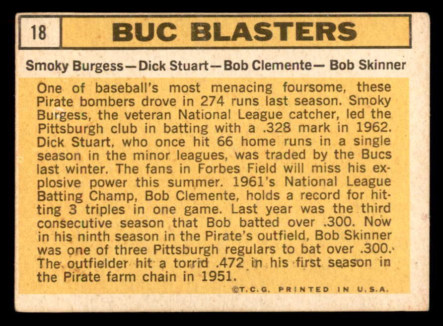 1963 Topps Baseball # 18 Roberto Clemente Smoky Burges VG-EX 565460