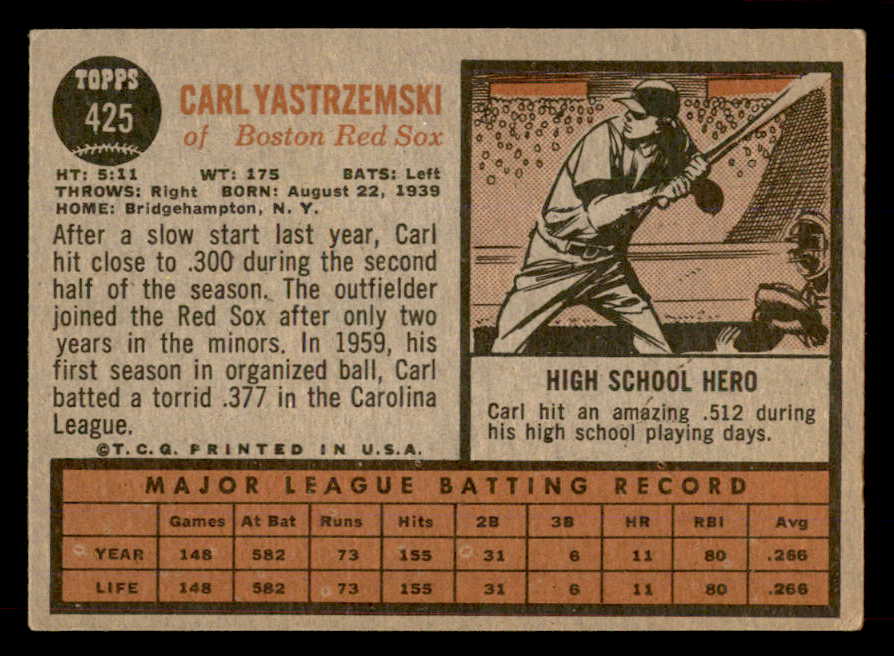 1962 Topps Baseball #425 Carl Yastrzemski Red Sox VG-EX 565466