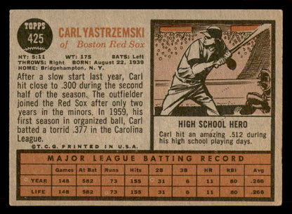 1962 Topps Baseball #425 Carl Yastrzemski Red Sox VG-EX 565466