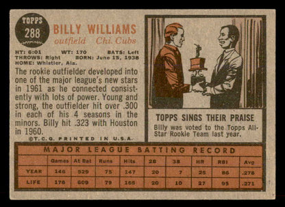 1962 Topps Baseball #288 Billy Williams Cubs EX+/EX-MT 565467
