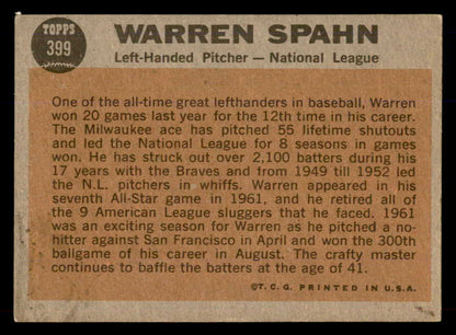 1962 Topps Baseball #399 Warren Spahn A.S. Braves EX 565469
