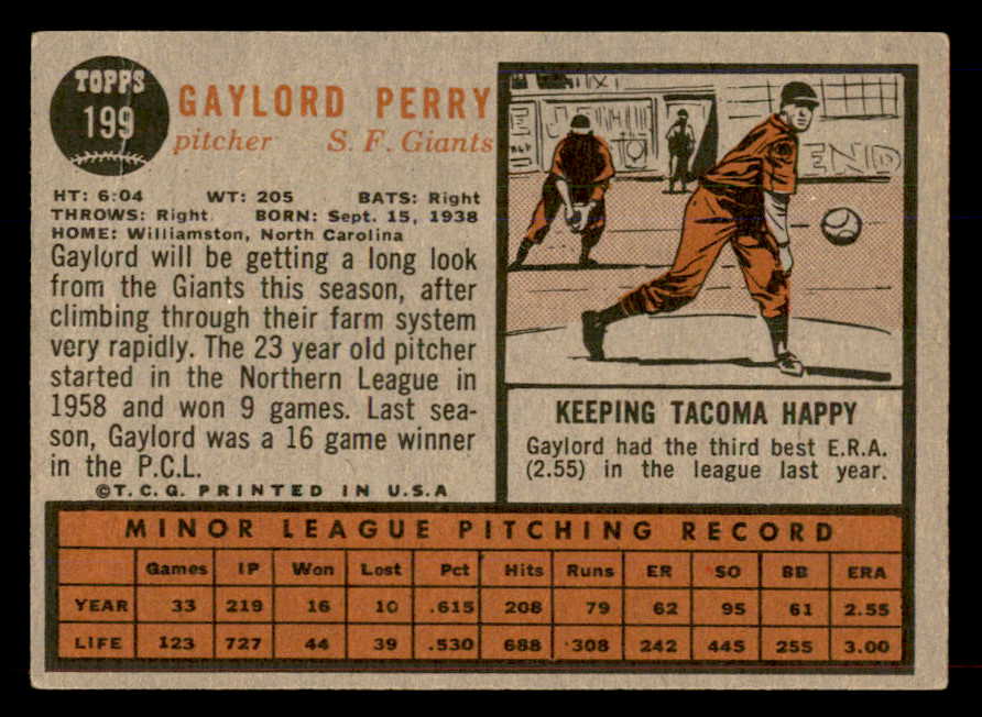 1962 Topps Baseball #199 Gaylord Perry Giants VG-EX 565475