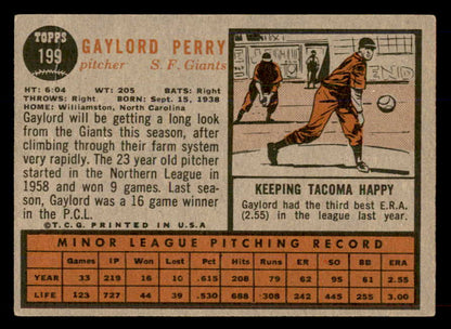1962 Topps Baseball #199 Gaylord Perry Giants VG-EX 565475