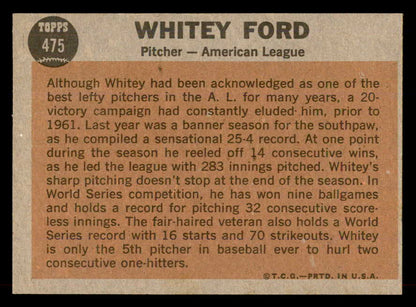 1962 Topps Baseball #475 Whitey Ford A.S. Yankees EX-MT 565487