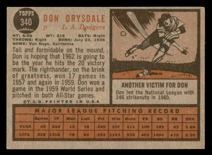 1962 Topps Baseball #398 Don Drysdale A.S. Dodgers EX-MT 565490