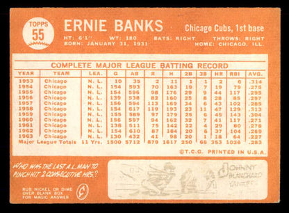 1964 Topps Baseball # 55 Ernie Banks Cubs VG-EX 565517