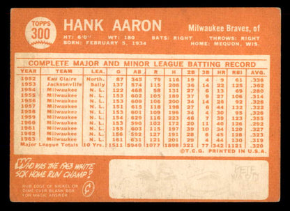 1964 Topps Baseball #300 Hank Aaron Braves EX+/EX-MT 565518