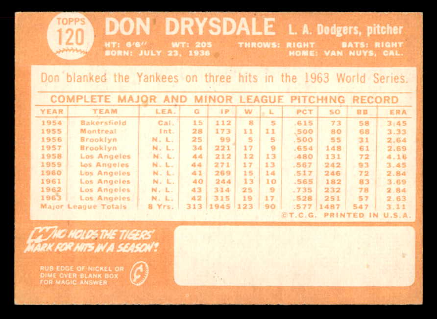 1964 Topps Baseball #120 Don Drysdale Dodgers VG-EX 565525