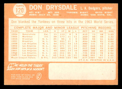 1964 Topps Baseball #120 Don Drysdale Dodgers VG-EX 565525