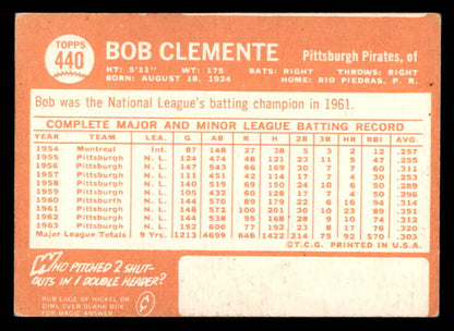 1964 Topps Baseball #440 Roberto Clemente Pirates VG-EX 565526