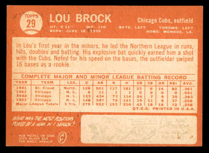 1964 Topps Baseball # 29 Lou Brock Cubs NR-MT 565528