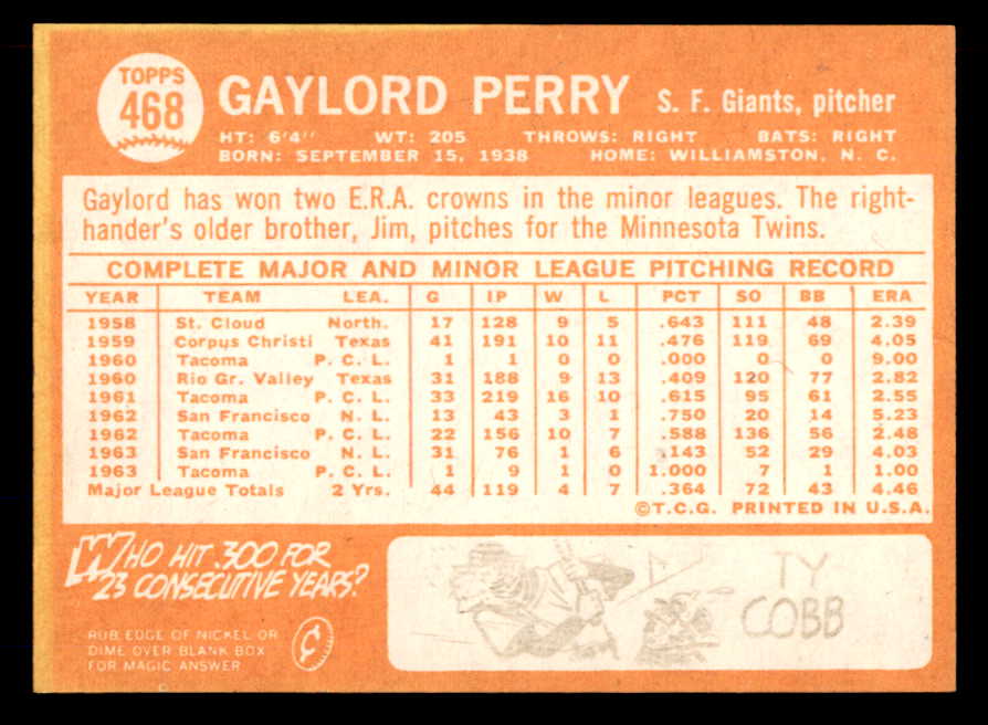 1964 Topps Baseball #468 Gaylord Perry Giants NR-MT 565529