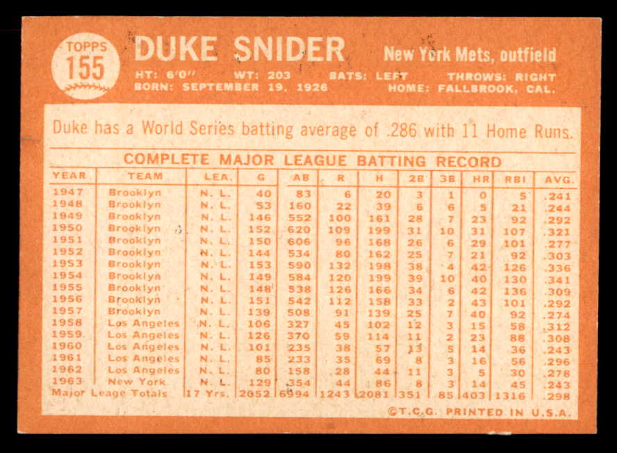 1964 Topps Baseball #155 Duke Snider Mets EX 565533