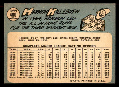 1965 Topps Baseball #400 Harmon Killebrew Twins NR-MT 565537