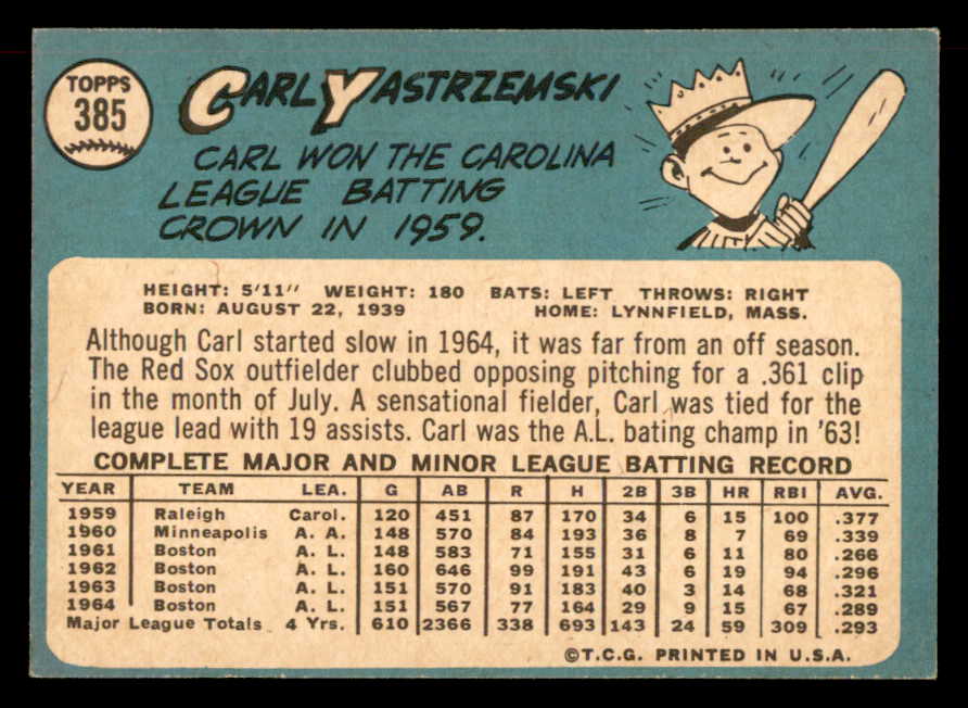 1965 Topps Baseball #385 Carl Yastrzemski Red Sox EX+/EX-MT 565540