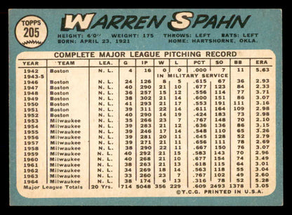 1965 Topps Baseball #205 Warren Spahn Mets NR-MT 565541