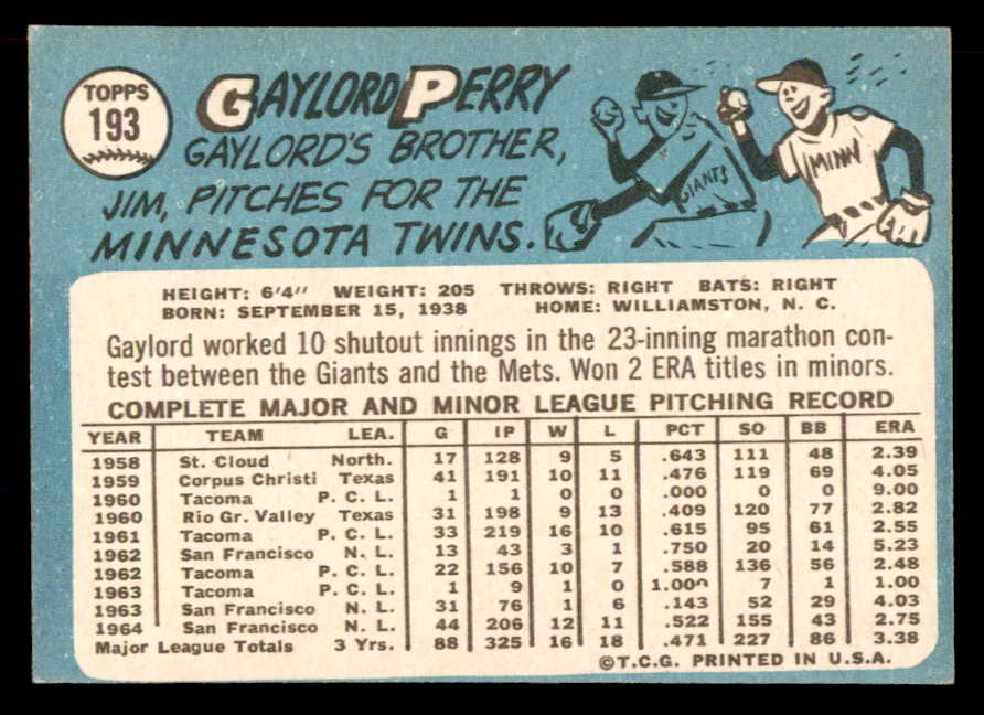 1965 Topps Baseball #193 Gaylord Perry Giants NR-MT 565545