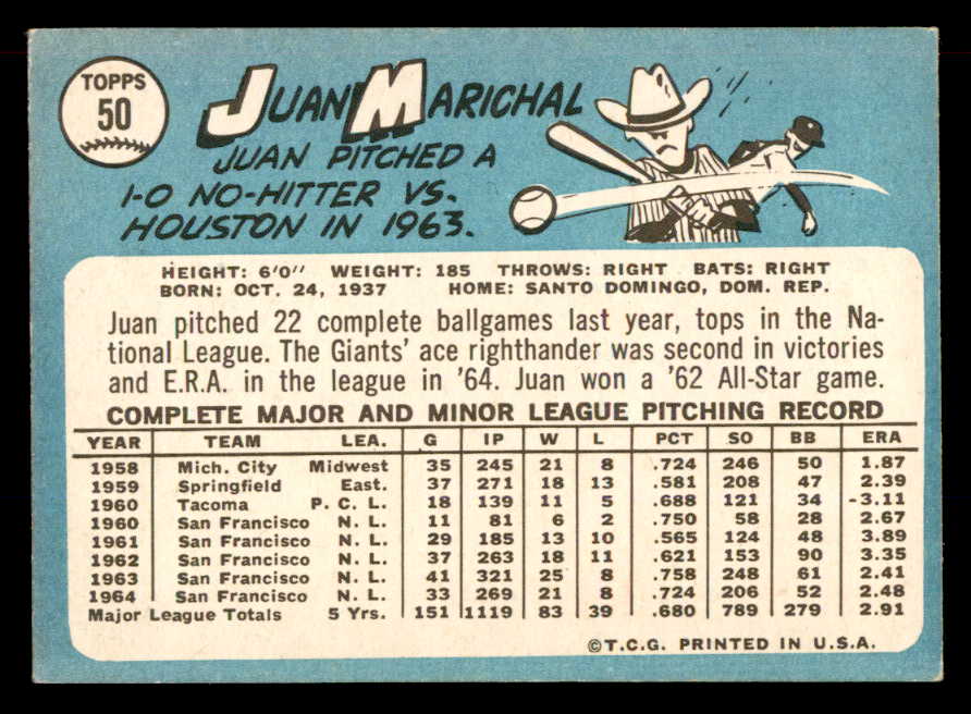 1965 Topps Baseball # 50 Juan Marichal Giants NR-MT 565550