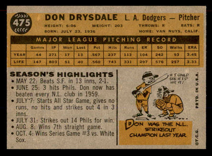1960 Topps Baseball #475 Don Drysdale Dodgers EX-MT 565601