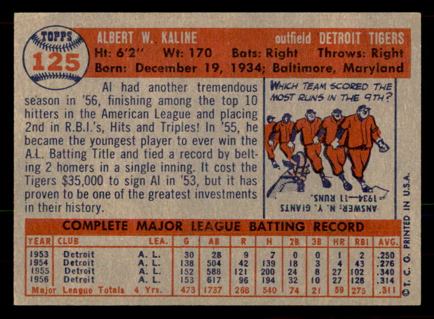 1957 Topps Baseball #125 Al Kaline Tigers EX-MT 565611
