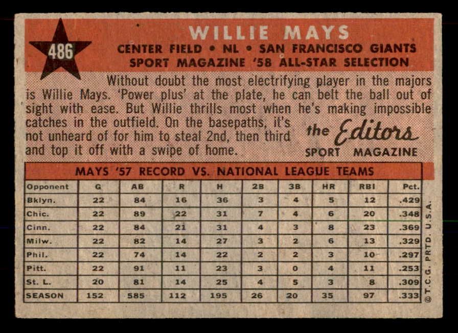 1958 Topps Baseball #486 Willie Mays A.S. Giants EX-MT 565616