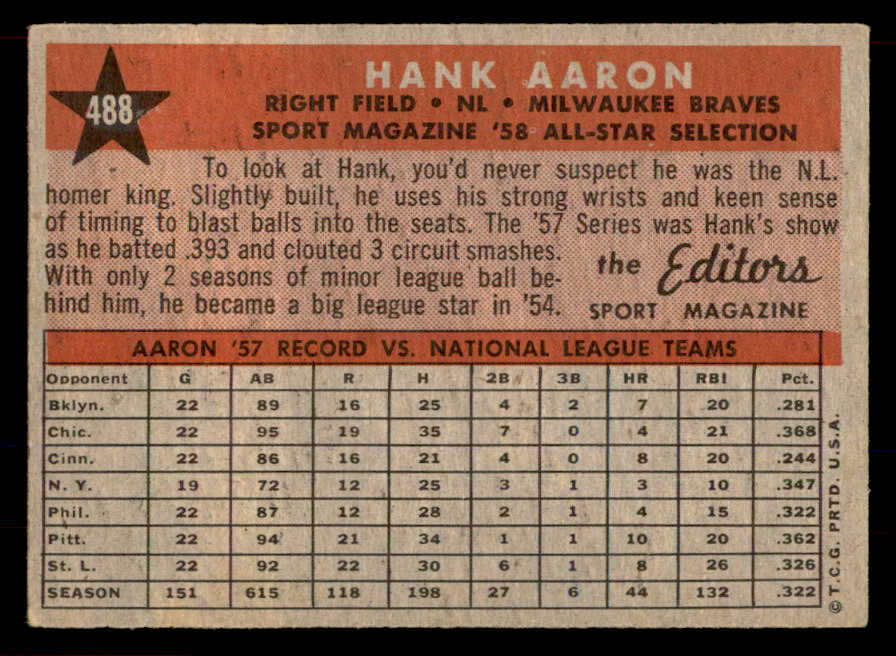 1958 Topps Baseball #488 Hank Aaron A.S. Braves EX-MT 565618