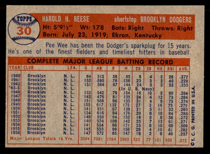 1957 Topps Baseball # 30 Pee Wee Reese Dodgers EX-MT 565621