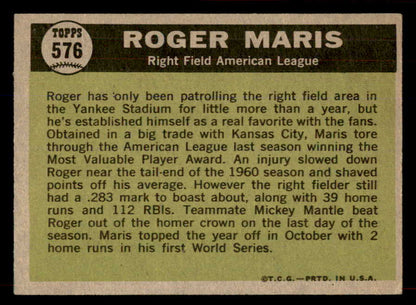 1961 Topps Baseball #576 Roger Maris A.S. Yankees EX+/EX-MT 565622