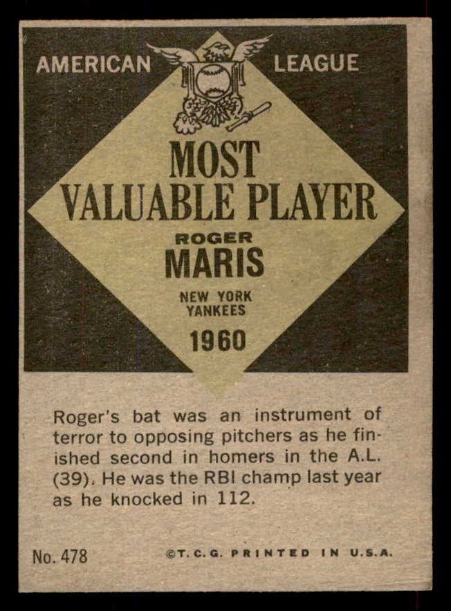 1961 Topps Baseball #478 Roger Maris MVP Yankees EX+/EX-MT 565623