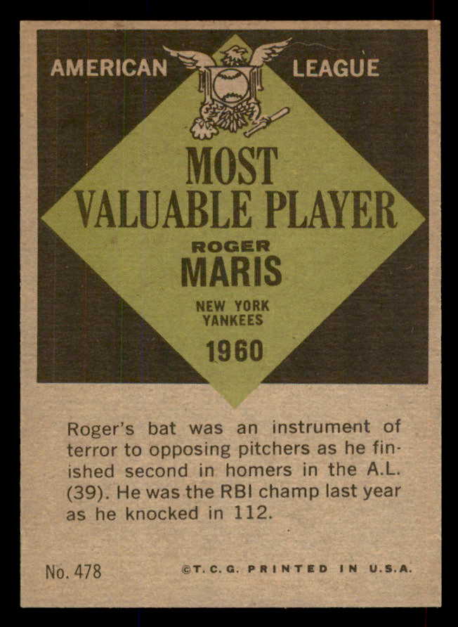 1961 Topps Baseball #478 Roger Maris MVP Yankees EX-MT 565624