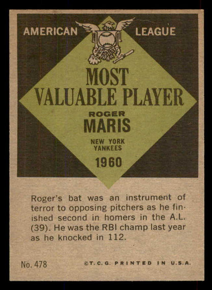 1961 Topps Baseball #478 Roger Maris MVP Yankees EX-MT 565624
