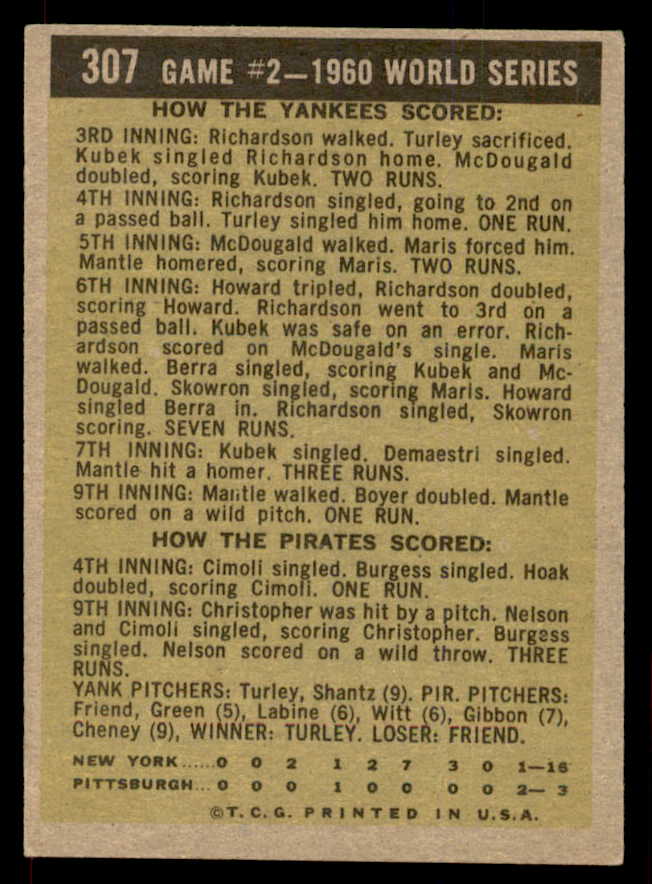 1961 Topps Baseball #307 World Series Game 2 Mickey Mantle EX-MT 565626