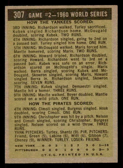 1961 Topps Baseball #307 World Series Game 2 Mickey Mantle EX-MT 565627