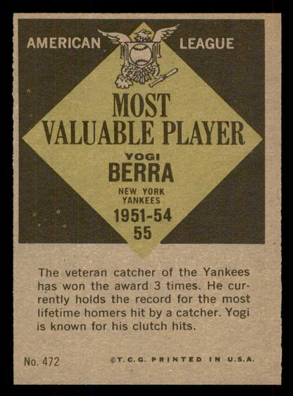 1961 Topps Baseball #472 Yogi Berra MVP Yankees EX-MT 565633