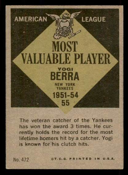 1961 Topps Baseball #472 Yogi Berra MVP Yankees EX-MT 565634