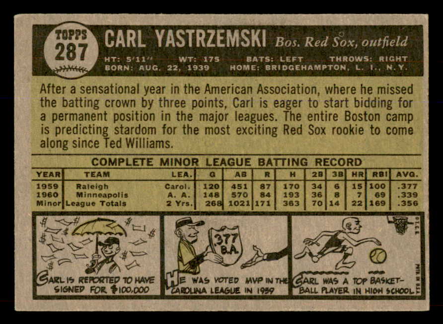 1961 Topps Baseball #287 Carl Yastrzemski Red Sox EX-MT 565637