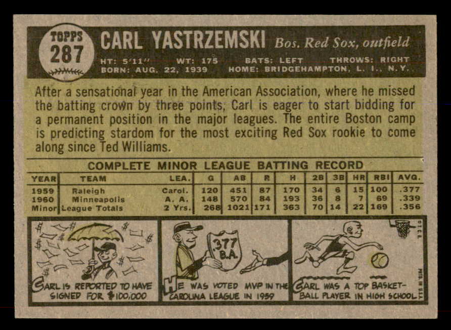 1961 Topps Baseball #287 Carl Yastrzemski Red Sox EX-MT 565638