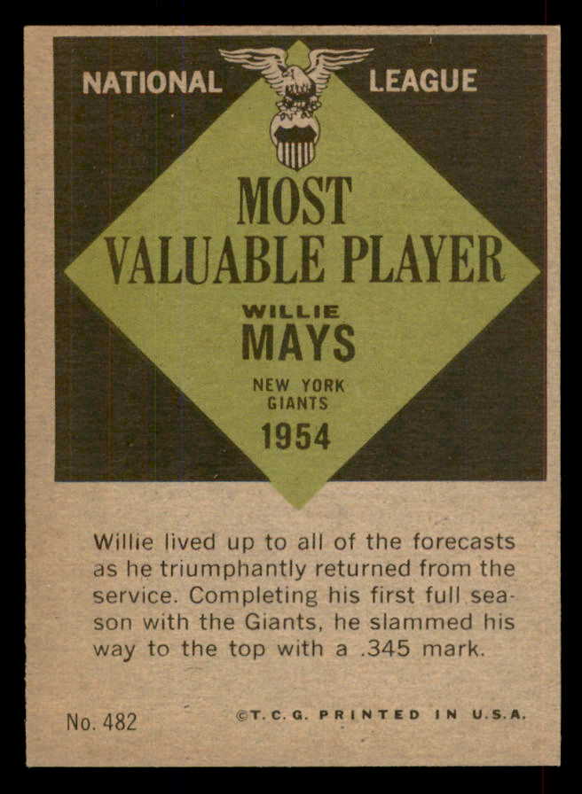 1961 Topps Baseball #482 Willie Mays MVP Giants EX-MT 565643