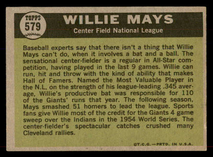 1961 Topps Baseball #579 Willie Mays A.S. Giants EX+/EX-MT 565645