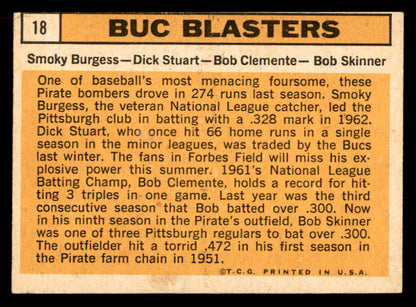 1963 Topps Baseball # 18 Roberto Clemente Smoky Burges EX+/EX-MT 565647