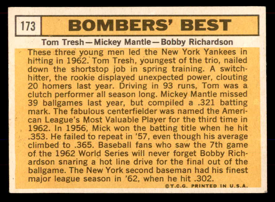 1963 Topps Baseball #173 Mickey Mantle Bobby Richardson EX-MT 565654