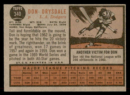 1962 Topps Baseball #340 Don Drysdale Dodgers EX-MT 565657