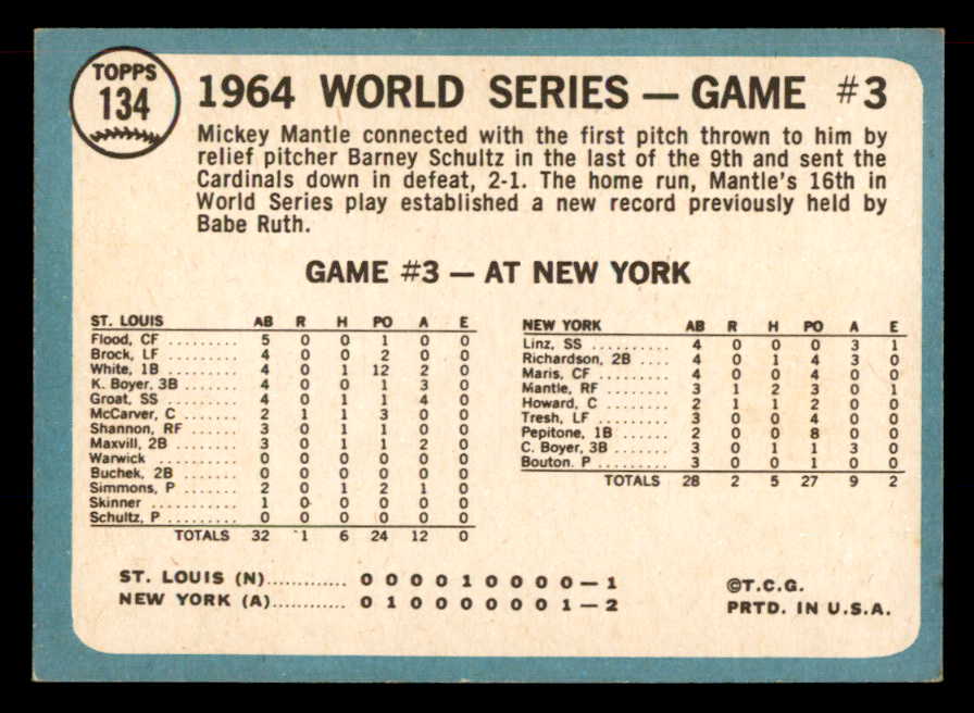 1965 Topps Baseball #134 World Series Game 3 Mickey Mantle EX-MT 565669