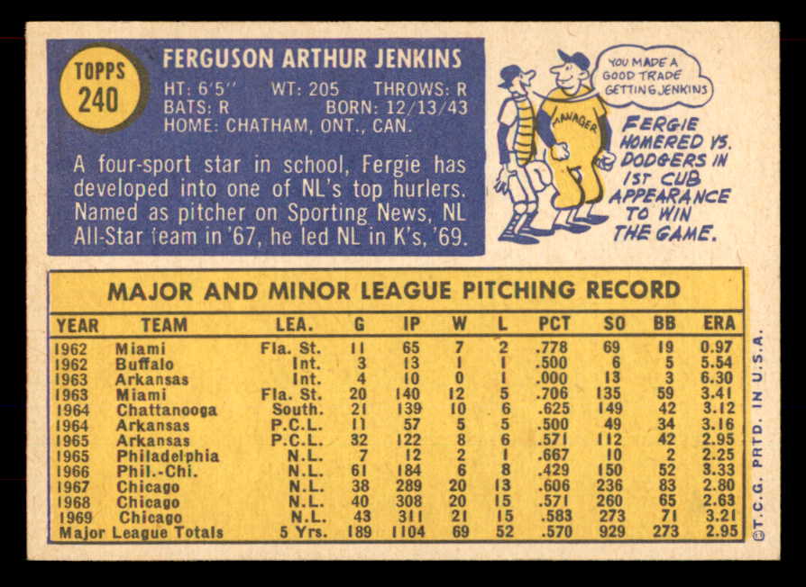 1970 Topps Baseball #240 Fergie Jenkins Cubs EX-MT 565678