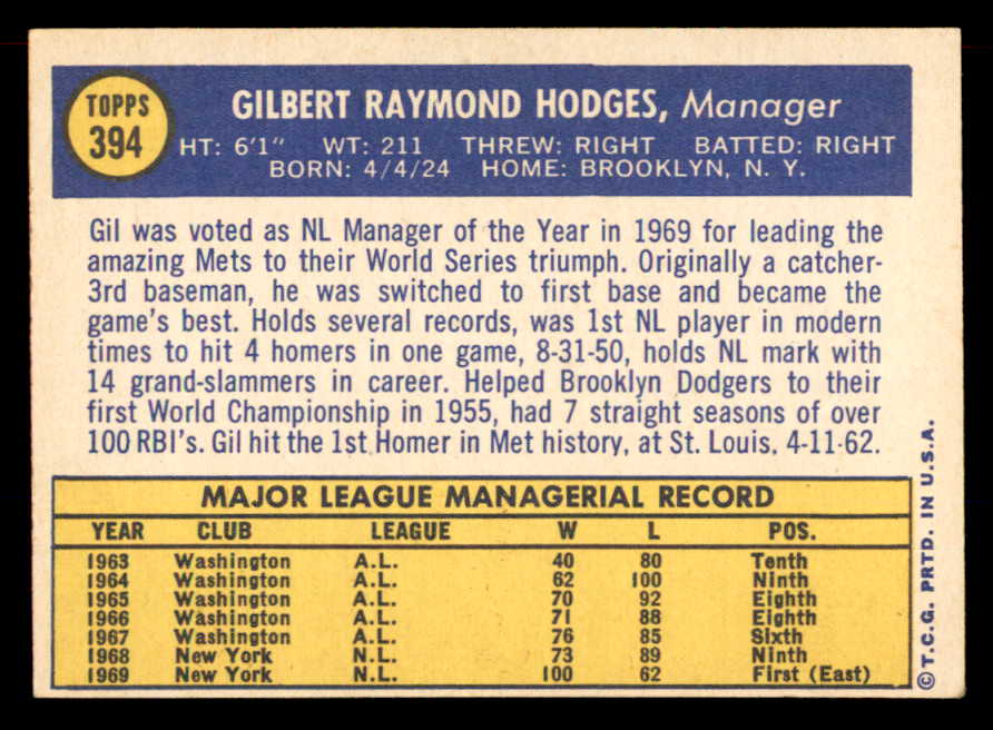 1970 Topps Baseball #394 Gil Hodges Mets EX-MT 565679