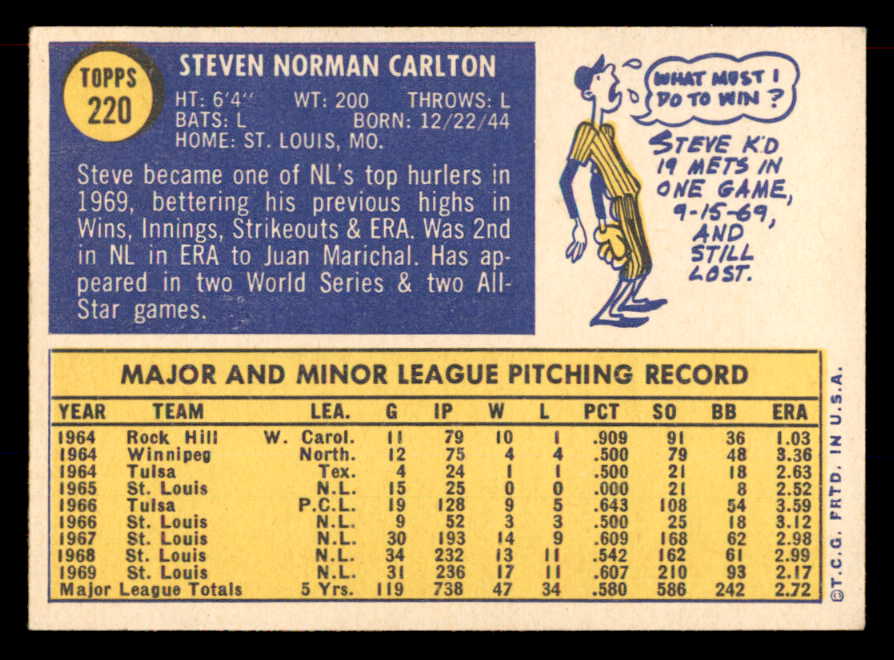 1970 Topps Baseball #220 Steve Carlton Cardinals EX-MT 565680