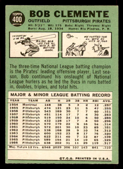 1967 Topps Baseball #400 Roberto Clemente Pirates EX+/EX-MT 565686