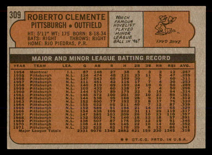 1972 Topps Baseball #309 Roberto Clemente Pirates EX-MT 565690