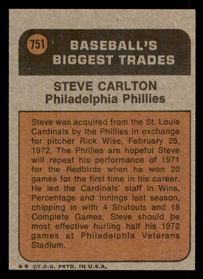 1972 Topps Baseball #751 Steve Carlton TR Phillies EX-MT 565691