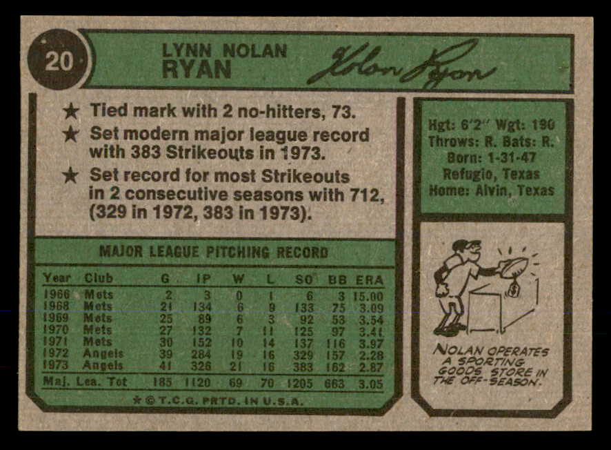 1974 Topps Baseball # 20 Nolan Ryan Angels EX-MT 565697